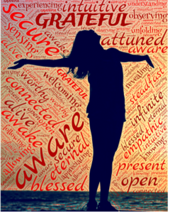 woman with arms wide and background written words of gratitude
